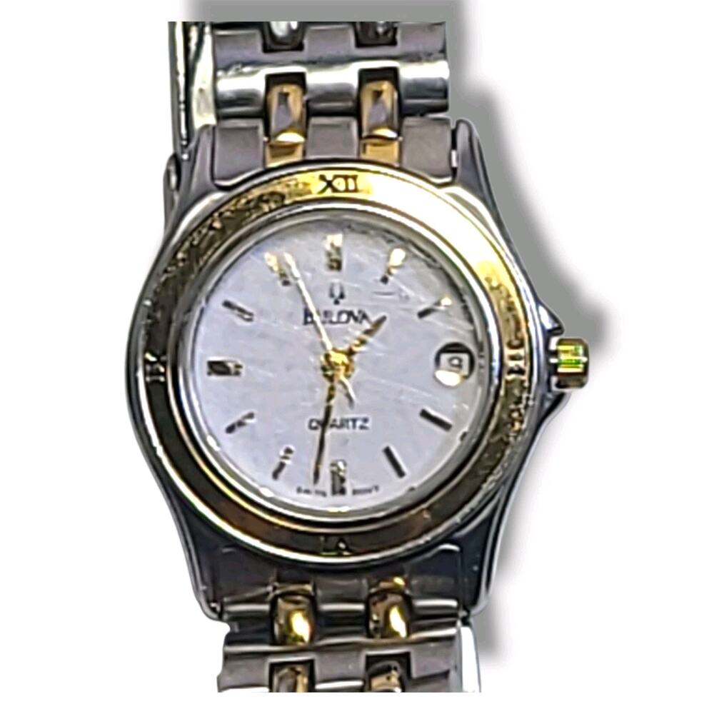 Bulova White Dial 2-Tone SS Women's Watch 95G06 New Battery *Scratched Crystal